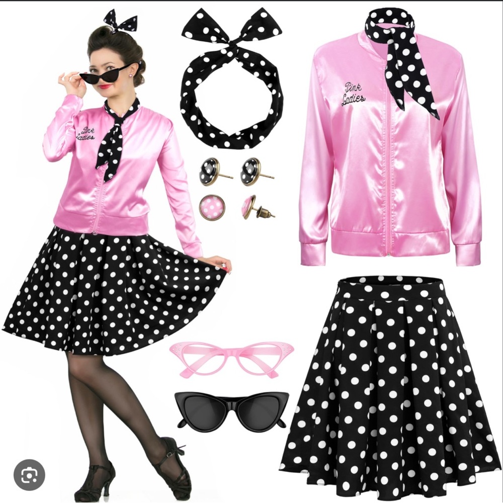 Bundle Wig & 1950s Lady Pink Satin Halloween Costume Set Size S